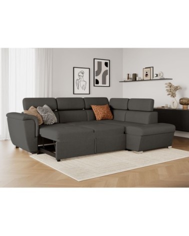 Canapé d'angle droit convertible, tissu gris foncé - méridienne 188cm