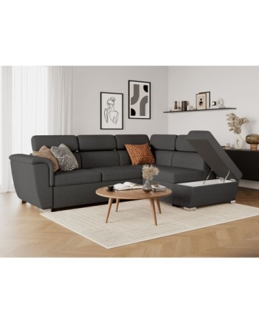 Canapé d'angle droit convertible, tissu gris foncé - méridienne 188cm