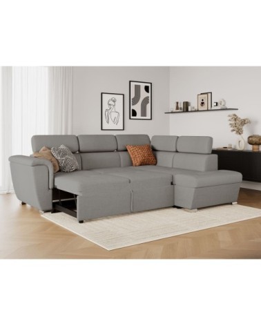 Canapé d'angle droit convertible, tissu gris clair - méridienne 188cm