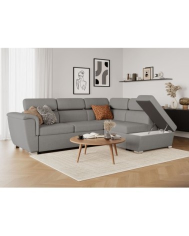 Canapé d'angle droit convertible, tissu gris clair - méridienne 188cm
