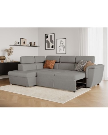 Canapé d'angle gauche convertible, tissu gris clair - méridienne 188cm