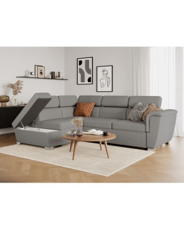 Canapé d'angle gauche convertible, tissu gris clair - méridienne 188cm
