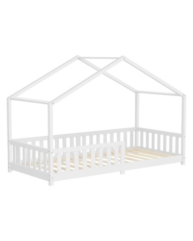 Lit enfant cabane au sol 90x200 cm blanc + sommier et anti-chute