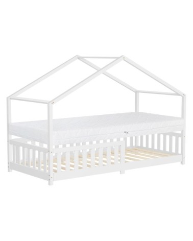 Lit enfant cabane au sol 90x200 cm blanc + matelas et anti-chute