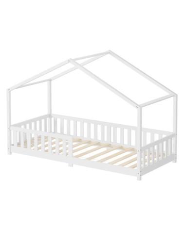 Lit enfant cabane au sol 90x200 cm blanc + matelas et anti-chute