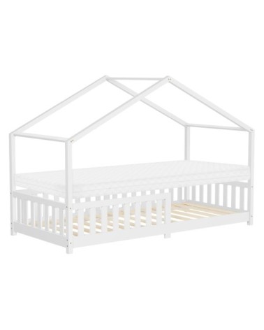 Lit enfant cabane au sol 90x200 cm blanc + matelas et anti-chute