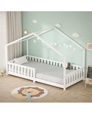Lit enfant cabane au sol 90x200 cm blanc + matelas et anti-chute