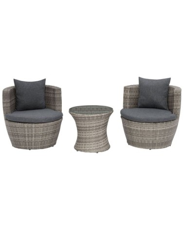 Set de jardin table et 2 fauteuils en rotin gris