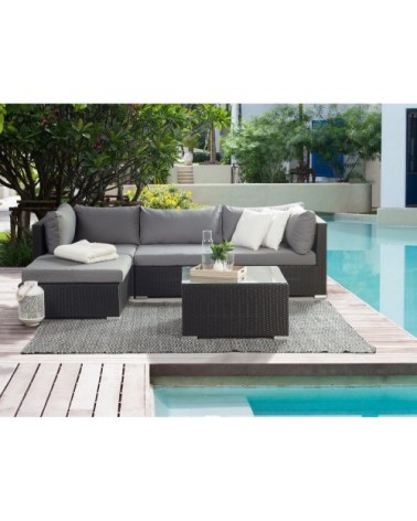 Salon de jardin en rotin noir coussins gris