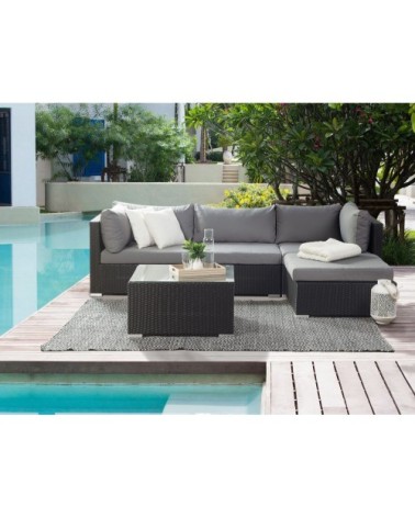 Salon de jardin en rotin noir coussins gris