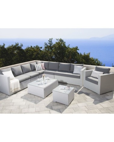 Salon de jardin en rotin blanc et coussins gris