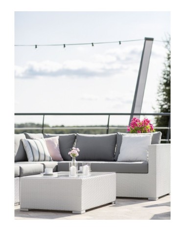 Salon de jardin en rotin blanc et coussins gris