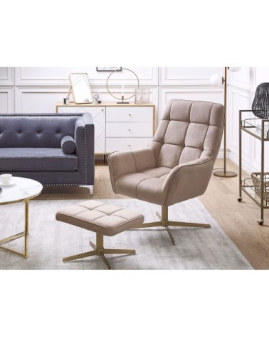 Fauteuil en velours beige avec repose-pieds assorti