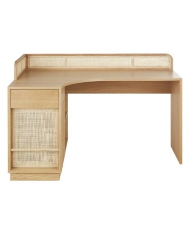 Bureau d'angle 1 porte 1 niche beige et cannage en rotin