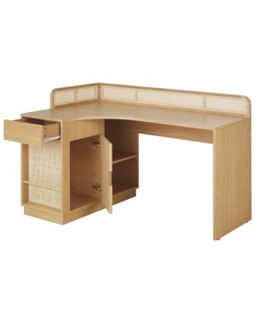 Bureau d'angle 1 porte 1 niche beige et cannage en rotin