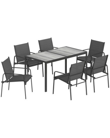 Salon de jardin 6 places table effet bois acier noir