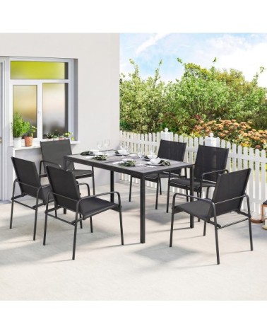 Salon de jardin 6 places table effet bois acier noir