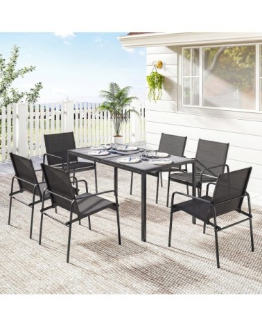 Salon de jardin 6 places table effet bois acier noir