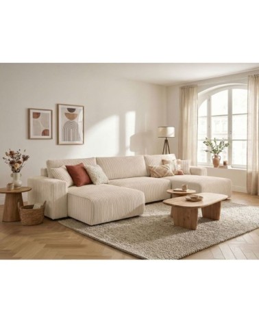 Canapé panoramique convertible 6p alya velours cotelé épais beige