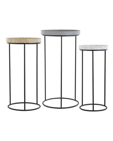 Lot de 3 tables basses effet granite gris blanc jaune