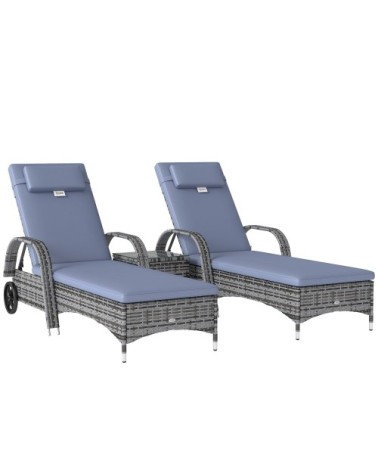 Lot de 2 bains de soleil avec matelas table basse résine tressée gris