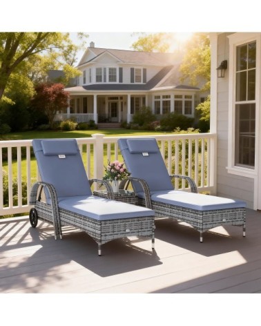 Lot de 2 bains de soleil avec matelas table basse résine tressée gris