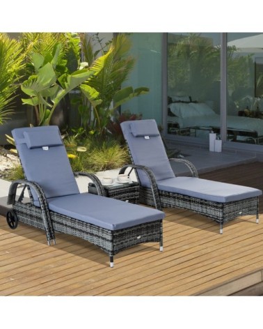 Lot de 2 bains de soleil avec matelas table basse résine tressée gris