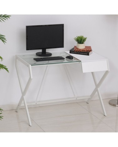 Bureau informatique blanc bois de chêne verre