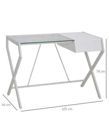 Bureau informatique blanc bois de chêne verre