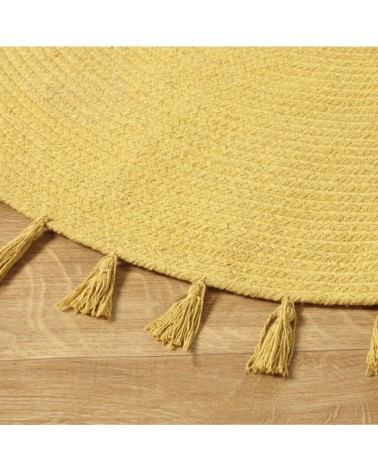 Tapis rond à pompons en coton jaune moutarde D100