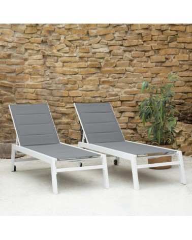 Lot de 2 transats en aluminium blanc et textilène gris