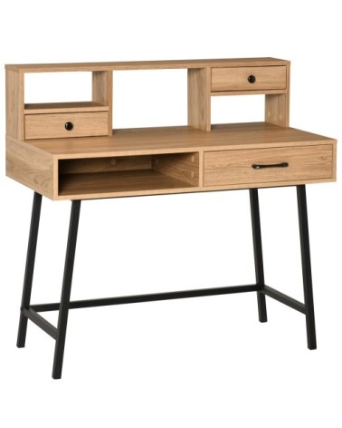 Bureau secrétaire industriel 3 tiroirs 3 niches métal noir aspect bois