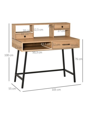 Bureau secrétaire industriel 3 tiroirs 3 niches métal noir aspect bois