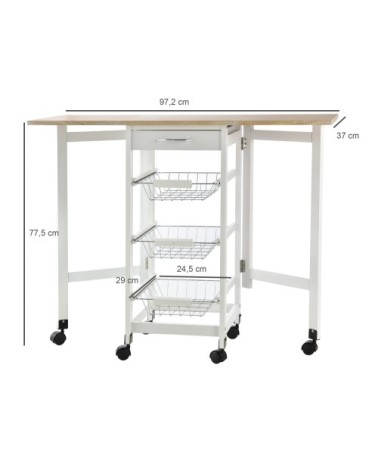 Desserte de cuisine 3 paniers métal tiroir rallonges blanc chêne clair