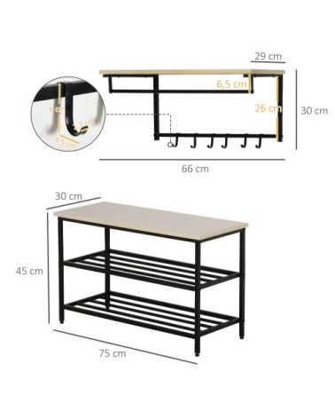 Porte-manteau mural banc à chaussures gris noir