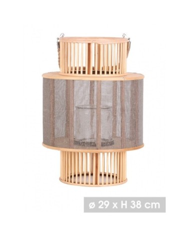 Lanterne ronde en bois et bougeoir en verre H38cm