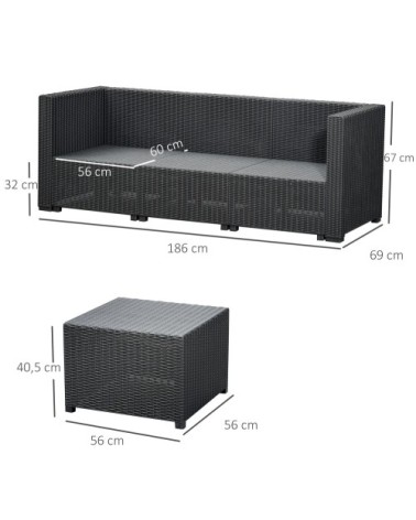 Canapé 3 places avec pouf et 7 coussins en résine tressé gris