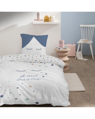 Parure de lit imprimée en coton Blanc, Bleu Gris 140x200+63x63cm