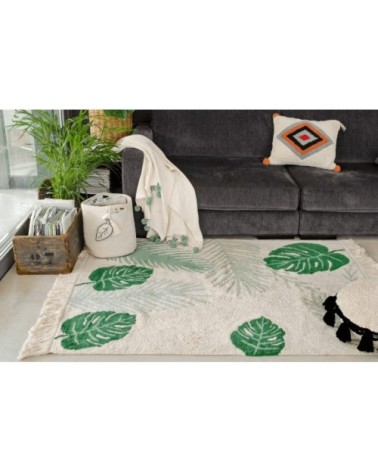 Tapis coton motif tropique feuilles vert 140x200