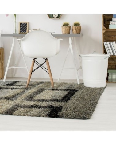 Tapis à poils longs motifs carrés gris 120x170