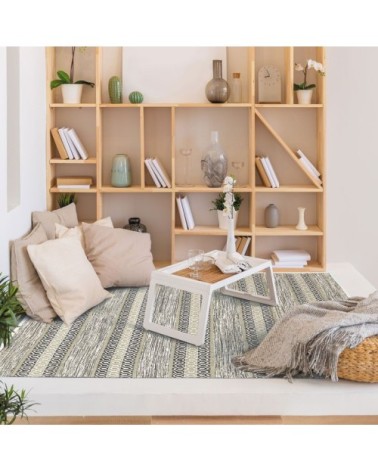 Tapis 100% coton bande ethno blanc-sable 120x170