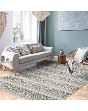 Tapis 100% coton bande blanc-sable 190x290