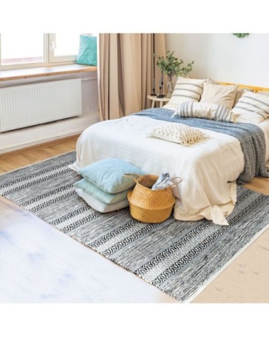 Tapis 100% coton bande ethno blanc-noir 160x230