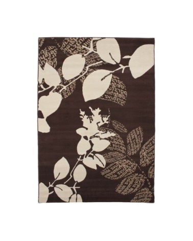 Tapis motifs feuilles et textes chocolat et crème 160x230