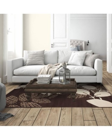 Tapis motifs feuilles et textes chocolat et crème 160x230
