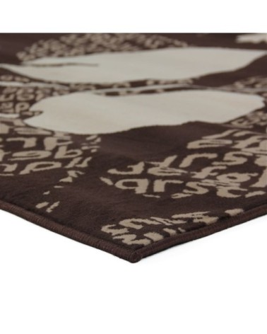 Tapis motifs feuilles et textes chocolat et crème 160x230