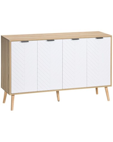 Buffet design scandinave 4 portes motif chevrons 2 étagères blanc bois