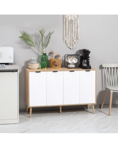 Buffet design scandinave 4 portes motif chevrons 2 étagères blanc bois