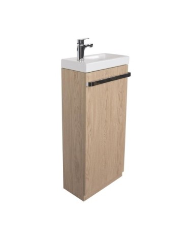 Meuble lave-mains sur pieds décor chêne + vasque + robinet