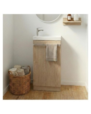 Meuble lave-mains sur pieds décor chêne + vasque + robinet